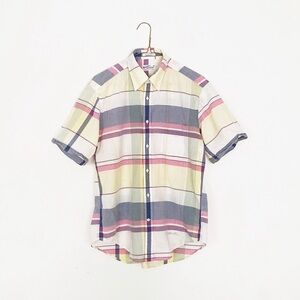 plaid button shirt • short sleeve medium • white blue pink yellow 2000s